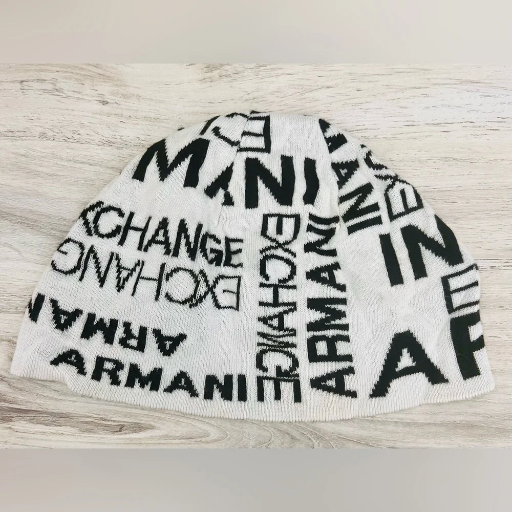 Armani Exchange White and Black Logo Beanie